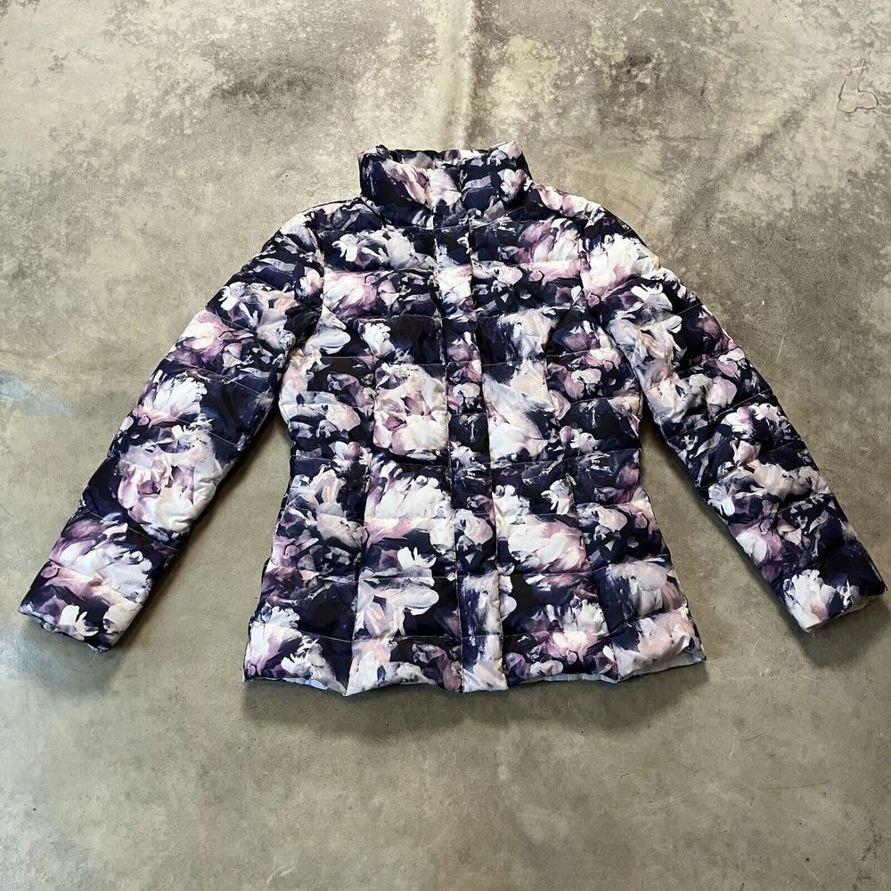 Eliza‎ J Coat Womens Small Floral Navy Multicolor Duck Down Puffer